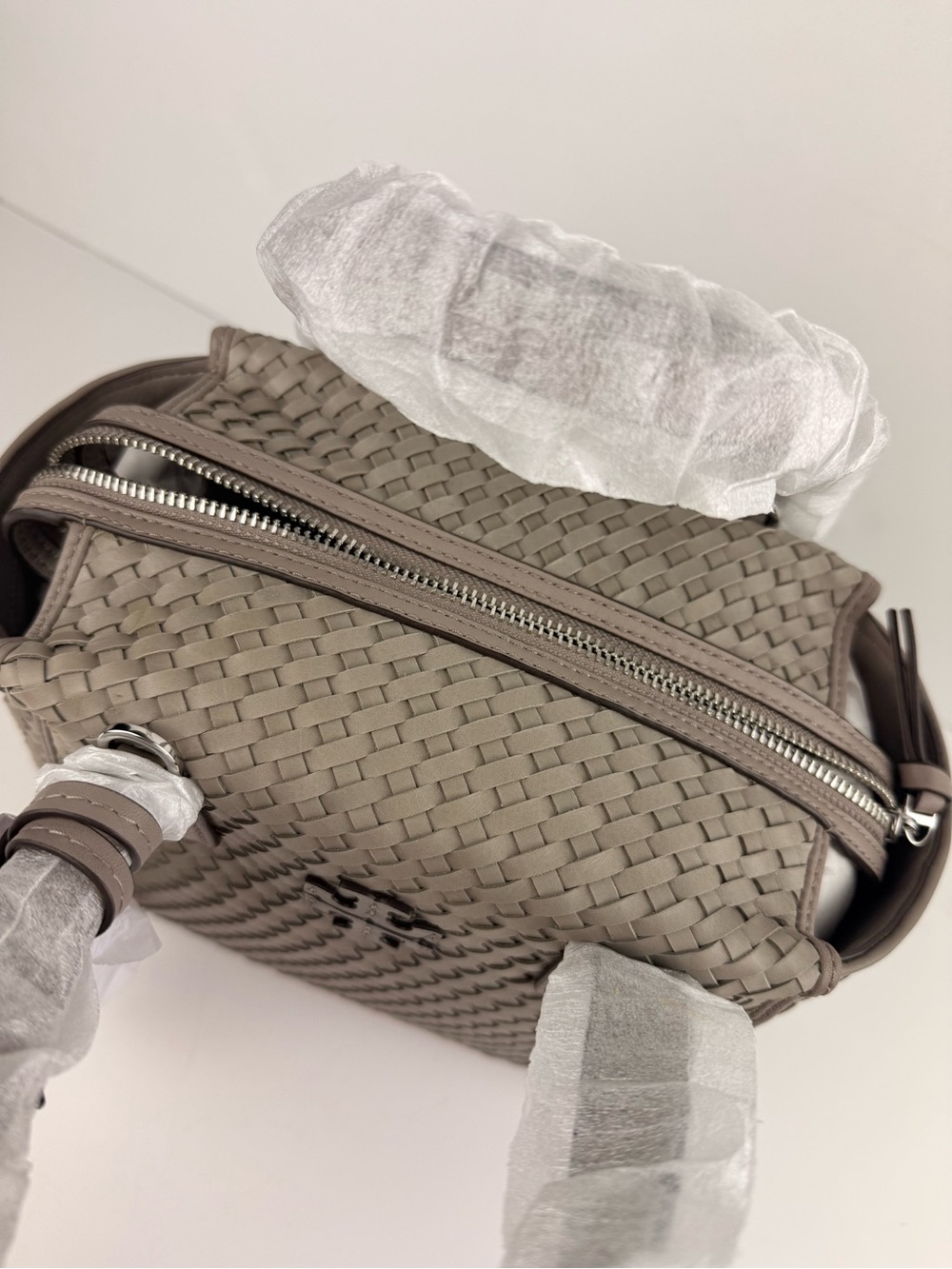 Tory Burch Thea Woven Mini Slouchy Satchel French Gray Leather Handbag $595 - Picture 10 of 14